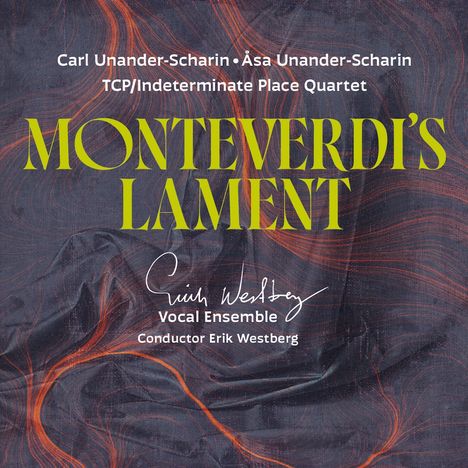 Text: "Carl Unander-Scharin, Åsa Unander-Scharin, TCP/Indeterminate Place Quartet, MONTEVERDI’S LAMENT, Erik Westberg Vocal Ensemble, Conductor Erik Westberg". Hintergrund: Abstraktes Kunstwerk in Dunkelblau und Orange.