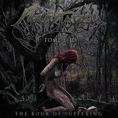 "CRYPTOPSY TOME 1+2 THE BOOK OF SUFFERING." Düstere Illustration: Eine kniende Person, Baum und düsterer Wald.