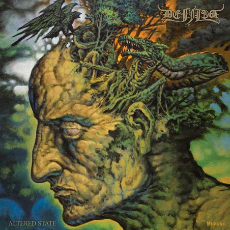 "ALTERED STATE" oben links, "DEHUMANIZED" rechts oben. Ein Kopf aus Baumrinde, darauf ein Vogel, Äste und ein Drache.