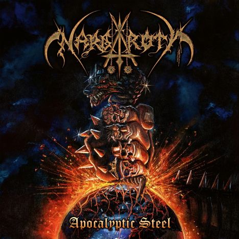 "Apocalyptic Steel" in altmodischer Schrift. Dunkle Illustration einer monströsen Kreatur, umgeben von Feuer und Blitzen.