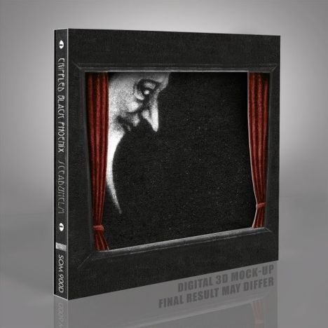 "DIGITAL 3D MOCK-UP FINAL RESULT MAY DIFFER". Albumcover mit Theatermaskenmotiv hinter rotem Vorhang.