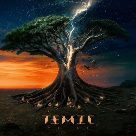 Text: "TEMIC CEIBA." Illustration: Ein mächtiger Baum, von einem Blitz getroffen, vor einem dramatischen Sonnenuntergang.