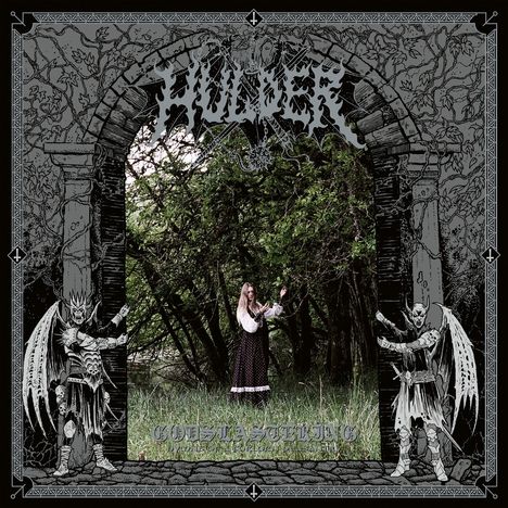 "Huider" oben geschrieben, "Godslastering" unten. Illustration: Person in Wald bei steinernem Tor, zwei geflügelte Figuren.