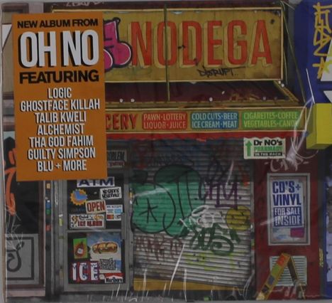 "New album from OH NO featuring Logic, Ghostface Killah, Talib Kweli." Illustration eines Graffiti-bedeckten Ladens.