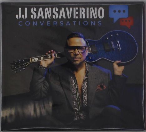 Text: "JJ Sansaverino Conversations". Ein Mann in Anzug hält eine Gitarre über seine Schulter, Sprechblasen-Icons daneben.
