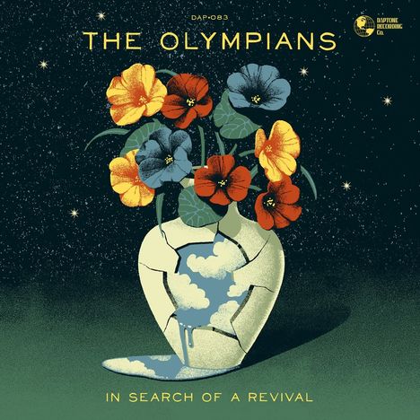 Text: "The Olympians", "In Search of a Revival". Eine illustrierte Vase mit Blumen, im Hintergrund ein Sternenhimmel.