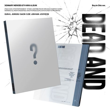 Text: "XDNARY HEROES 8TH MINI ALBUM", "DEAD AND", "Boy in Chic ver.", eine gesprungene Glasoptik, Fragezeichen.