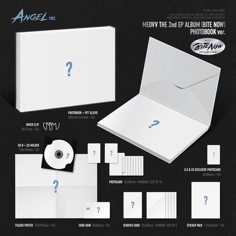 Texte: "ANGEL ver.", "MEOVY THE 2nd EP ALBUM [BITE NOW] PHOTOBOOK ver.", "Folded Poster", "Photocard". 
Illustration eines Albums.