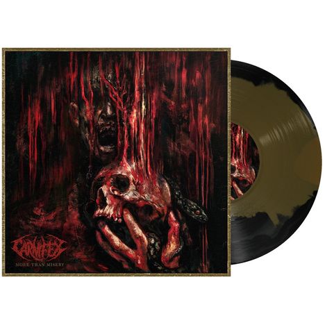 Unten steht "CARNIFEX" und "MORE THAN MISERY". Illustration: Ein Gesicht und Schädel in roten, düsteren Farben.