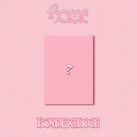 Oben "home", unten "BOYNEXTDOOR", mittig ein Fragezeichen. Alles vor rosa Hintergrund.