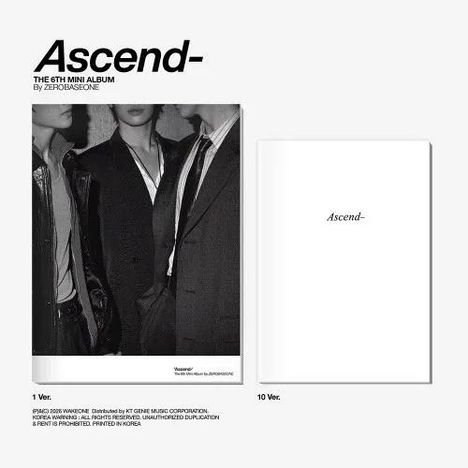 "Ascend- The 6th Mini Album by ZEROBASEONE." Links drei Personen in Anzügen, rechts ein schlichtes weißes Cover.