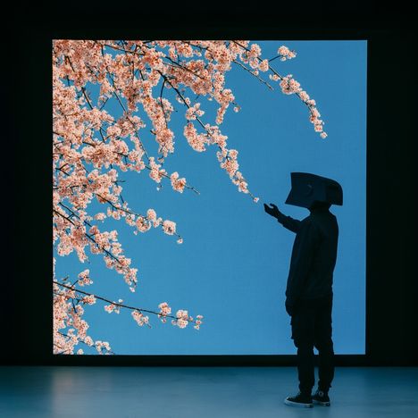 Ein Mensch mit einem futuristischen Helm steht vor einem großen Bild von Kirschblüten, die sich vor klarem Himmel abzeichnen.