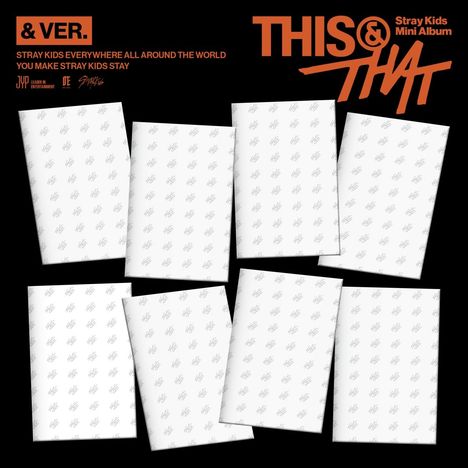 Stray Kids Mini Album "THIS & THAT" mit mehreren leeren, weißen, schräg angeordneten Rechtecken auf schwarzem Hintergrund.