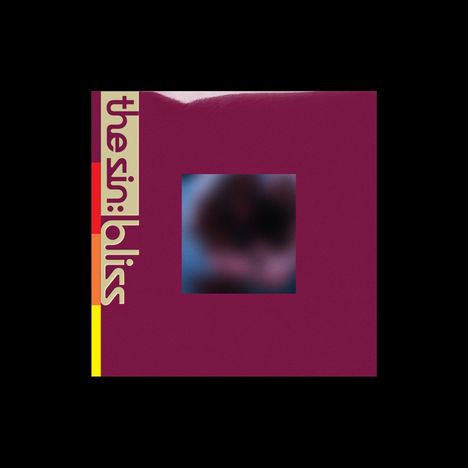 Text: "the sun:bliss" auf beigem Band links, darunter Farbstreifen. Zentrum: Unscharfes Bild, violetter Hintergrund.