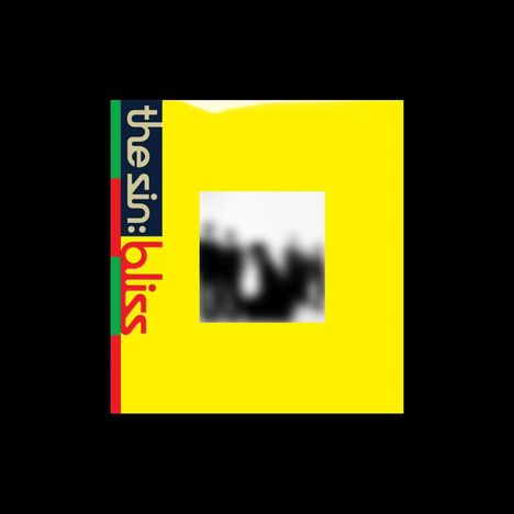 Text: „the sin: bliss“. Gelbes Quadrat mit unscharfer, zentraler Form und farbigem Rand links.