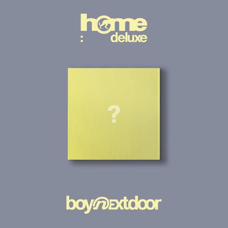 "home deluxe" oben, ein Fragezeichen auf gelbem Quadrat in der Mitte, "boy next door" unten. Grauer Hintergrund.