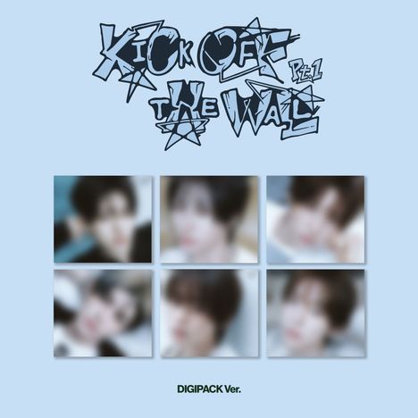 "Kick Off the Wall Pt. 1" und "DIGIPACK Ver." Sechs unscharfe Porträts auf hellblauem Hintergrund.
