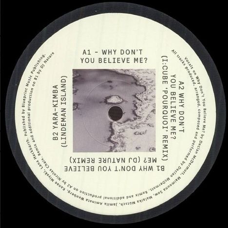 Text auf dem Etikett:  
A1: WHY DON’T YOU BELIEVE ME?  
A2: WHY DON’T YOU BELIEVE ME? (I:CUBE 'POURQUOI' REMIX)  
B1: WHY DON’T YOU BELIEVE ME? (DJ NATURE REMIX)  
B2: YARA-KIMBA (LINDEMAN ISLAND)  

Das Etikett zeigt subtile kunstvolle Strukturen in Grautönen.