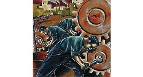 Illustration von Arbeitern mit Schraubenschlüsseln, die an riesigen Zahnrädern arbeiten; Fabrikhintergrund.