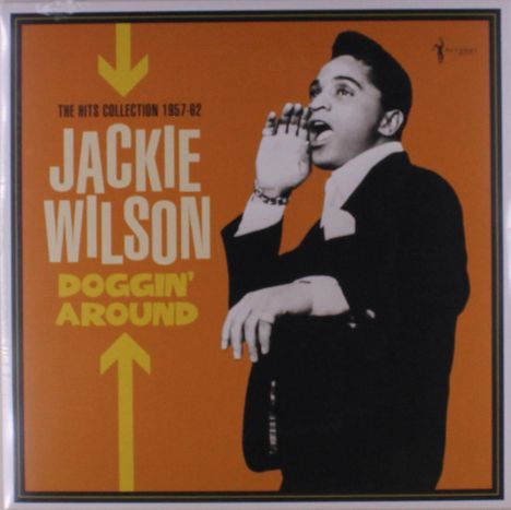 Jackie Wilson, Doggin' Around. The Hits Collection 1957-62. Gelber Hintergrund, singender Mann in Schwarz-Weiß.