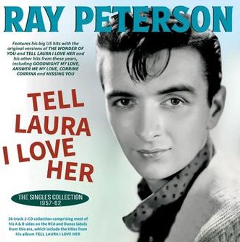 Text: "TELL LAURA I LOVE HER". Schwarz-weiß Foto eines Mannes in einem eleganten Outfit, links roter Text.