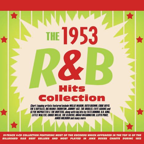 "The 1953 R&B Hits Collection" steht in großen Buchstaben vor einem sternförmigen Hintergrund mit roten Sternen.