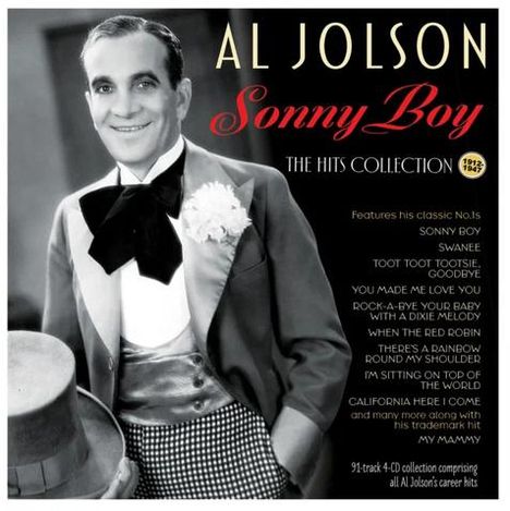 AL JOLSON Sonny Boy THE HITS COLLECTION. Liste mit Songs. Schwarz-Weiß-Foto eines Mannes im Anzug mit Zylinder.