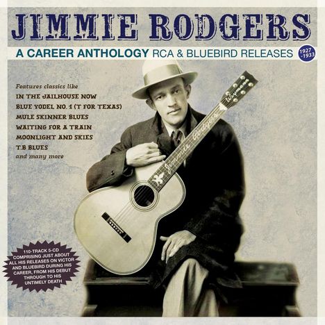 Covertext: "Jimmie Rodgers: A Career Anthology RCA & Bluebird Releases". Ein Mann mit Gitarre in Anzug und Hut.