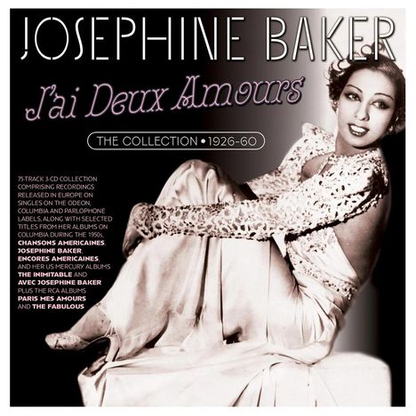 "Josephine Baker: J'ai Deux Amours, The Collection 1926-60." Frau in glamourösem Kleid mit entspanntem Ausdruck rechts.
