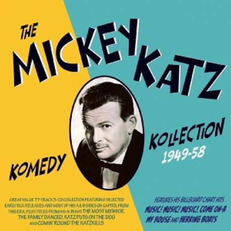 "The Mickey Katz Kollection 1949-58" und "Komedy". Foto von einem Mann im Anzug. Dreieckige Farbaufteilung.