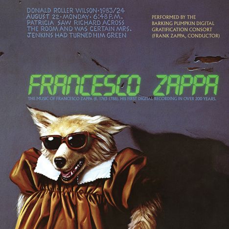 Der Text besagt: "Francesco Zappa". Eine Illustration zeigt einen Hund im Renaissance-Gewand mit Sonnenbrille.