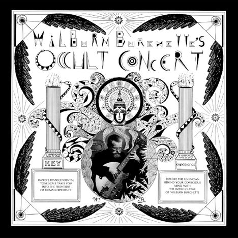 „Wilburn Burchette's Occult Concert“, mit kunstvollen Illustrationen, eine Person spielt Gitarre.