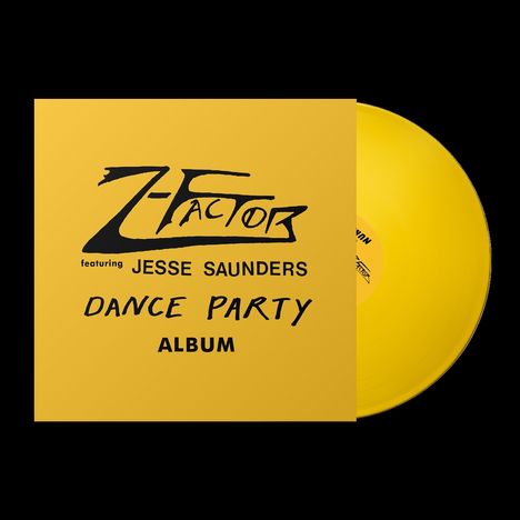 Text: "Z-Factor featuring Jesse Saunders Dance Party Album." Gelbe Schallplatte mit gelbem Cover.