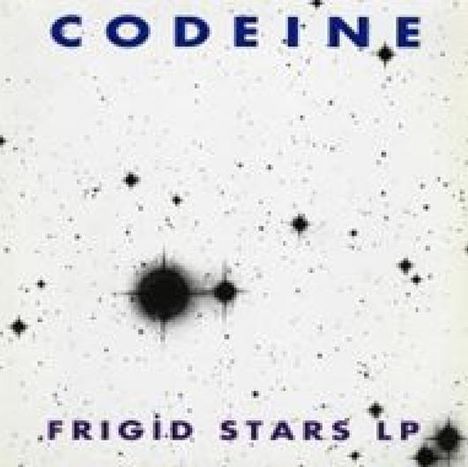 Text: "CODEINE" oben, "FRIGID STARS LP" unten. Schwarze Sterne auf weißem Hintergrund.