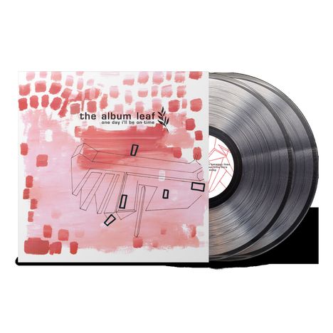 "the album leaf" und "one day i'll be on time" sind in schwarzer Schrift auf einem rosa-weißen Hintergrund. Zwei Schallplatten.