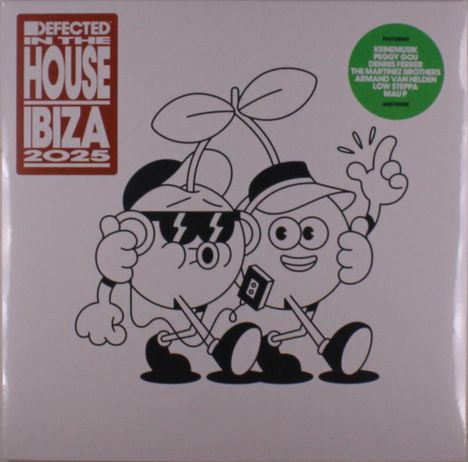 „Defected in the House Ibiza 2025“. Illustration von zwei Comicfiguren mit Kopfhörern und fröhlichem Ausdruck.