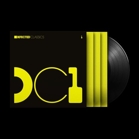 Text: "DEFECTED CLASSICS" oben, große gelbe Buchstaben "DC1". Schwarze Vinyl-Schallplatte mit gelbem Umhüllung.