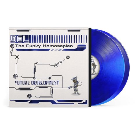 „DEL The Funky Homosapien Future Development“. Blaues Vinyl, technisches Design, futuristische Figur mit Gerät.