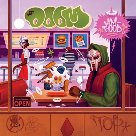 Texte: "MF DOOM", "MM..FOOD", "KON KARNE", "OPEN". Illustration eines Diners mit maskierter Person und fliegender Essenswolke.