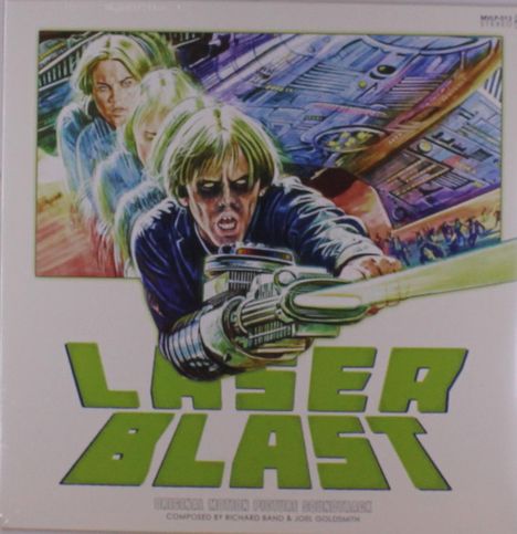 "LASER BLAST" steht in grüner, fettgedruckter Schrift. Eine dynamische Illustration zeigt eine Person mit einer futuristischen Waffe.