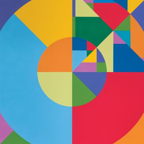 Abstrakte Illustration mit bunten, geometrischen Formen: Kreise, Dreiecke und Quadrate in Blau, Gelb, Rot und Grün.