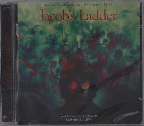 Text: "Music from the Motion Picture – 35th Anniversary Edition," "Jacob's Ladder," "Music Composed and Conducted By MAURICE JARRE."  
Ein verworrenes, grün-rotes Gesicht.