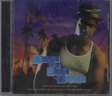 Texte: "Devil in a Blue Dress", "Original Motion Picture Score", "Music Composed and Conducted by Elmer Bernstein".<br>
Ein Mann in Unterhemd und Hut, Hintergrund mit Palmen bei Sonnenuntergang.