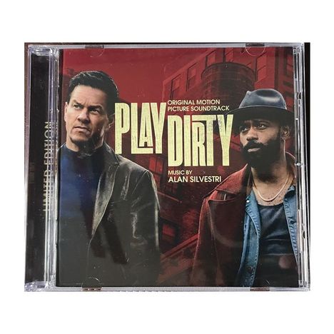 Text: "PLAY DIRTY", "Original Motion Picture Soundtrack", "Music by Alan Silvestri". Zwei Männer im Vordergrund.