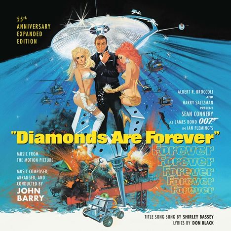 "Diamonds Are Forever" steht in großen gelben Buchstaben. Darunter ein Mann im Anzug und zwei Frauen in Bikinis vor einer Weltraumszene.