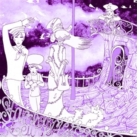 "Starlanguage": Drei Personen in Vintage-Kleidung auf einem Schiff mit wellenförmigem Holzdeck, violette Illustrator-Töne.