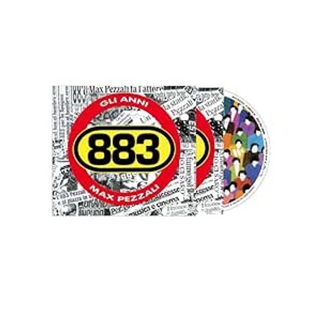 Text: "883", "Gli Anni", "Max Pezzali". Ein CD-Cover mit buntem, collageartigem Hintergrund.