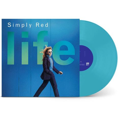 "Simply Red - life" steht auf einem Albumcover. Ein Mann in Anzug und Sonnenbrille läuft vor blauem Hintergrund.