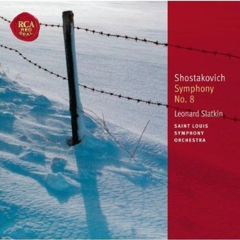 "Shostakovich Symphony No. 8, Leonard Slatkin, Saint Louis Symphony Orchestra." 
Ein schneebedeckter Zaun im Winter.