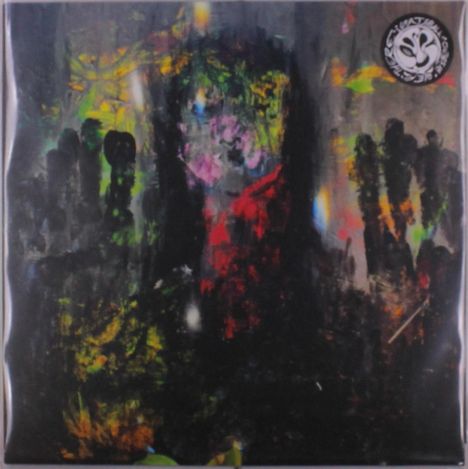 Das Bild zeigt eine abstrakte Illustration mit leuchtenden Farben und dunklen Bereichen. Oben rechts ist ein rundes Logo.